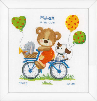 Cycling Bear Birth Sampler Cross Stitch Kit Vervaco