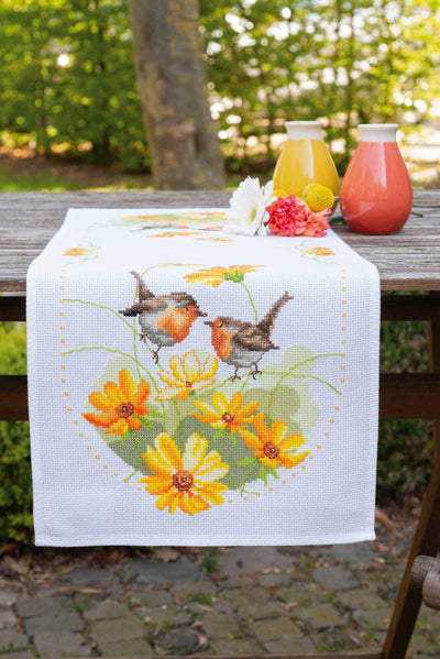 Vervaco Cross Stitch Table Runner Kit - Robins and Flowers