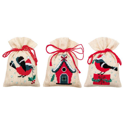 Vervaco Cross Stitch Pot Pourri Bags - Set 3 Christmas Bird and House