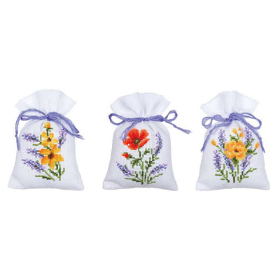 Vervaco Cross Stitch Set 3 Pot Pourri Bags Kit - Flowers and Lavender