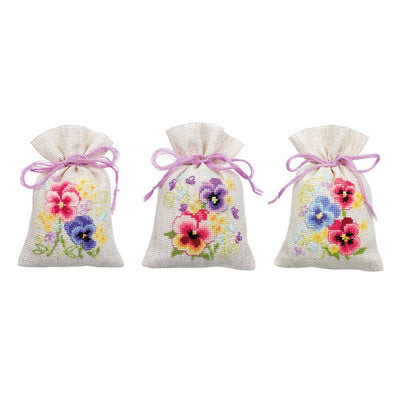 Violets Set of 3  Pot-Pourri Bag Cross Stitch Kit Vervaco