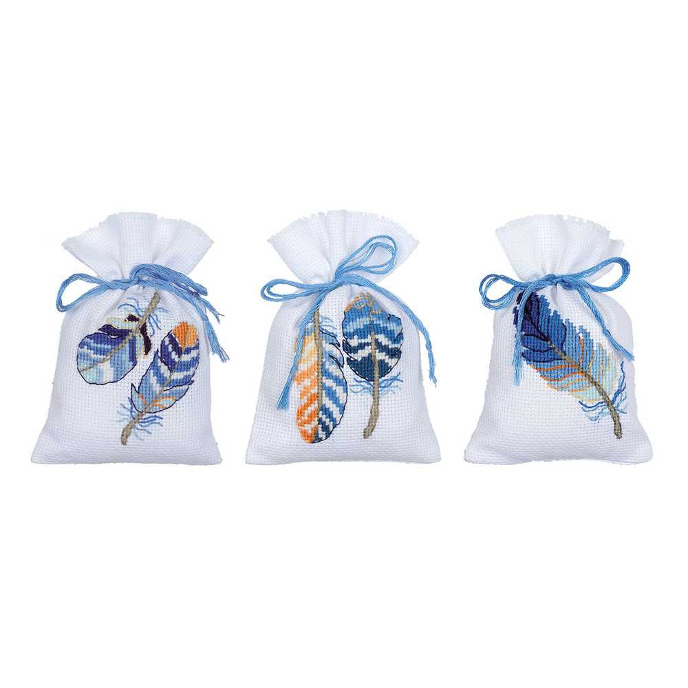 Vervaco Cross Stitch Kit - Blue Feathers Pk 3 Pot Pourri Bags Kit