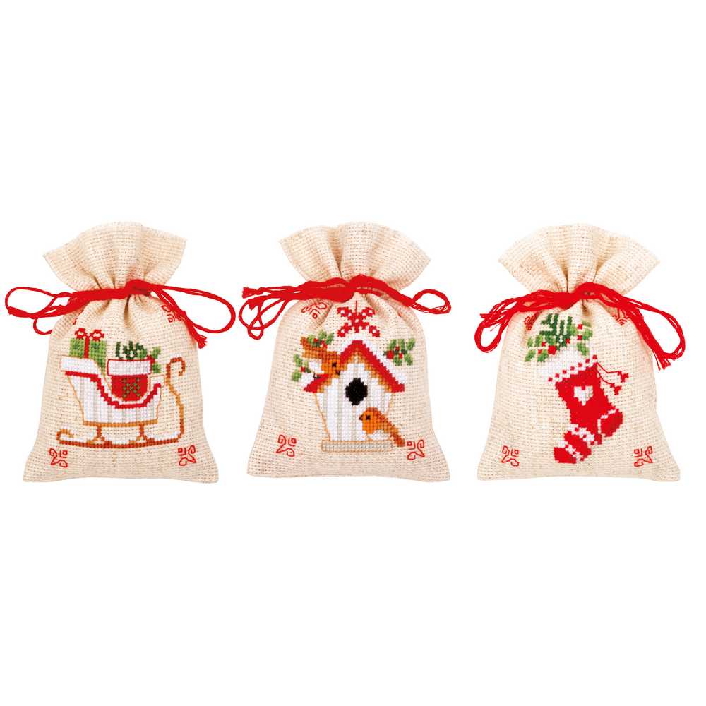 Vervaco Cross Stitch Kit - Christmas Motif Pk 3 Pot Pourri Bags Kit