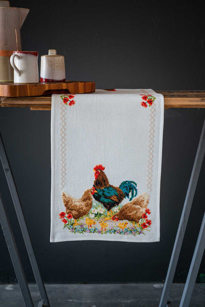 Vervaco Cross Stitch Table Runner Kit - Rooster and Chickens