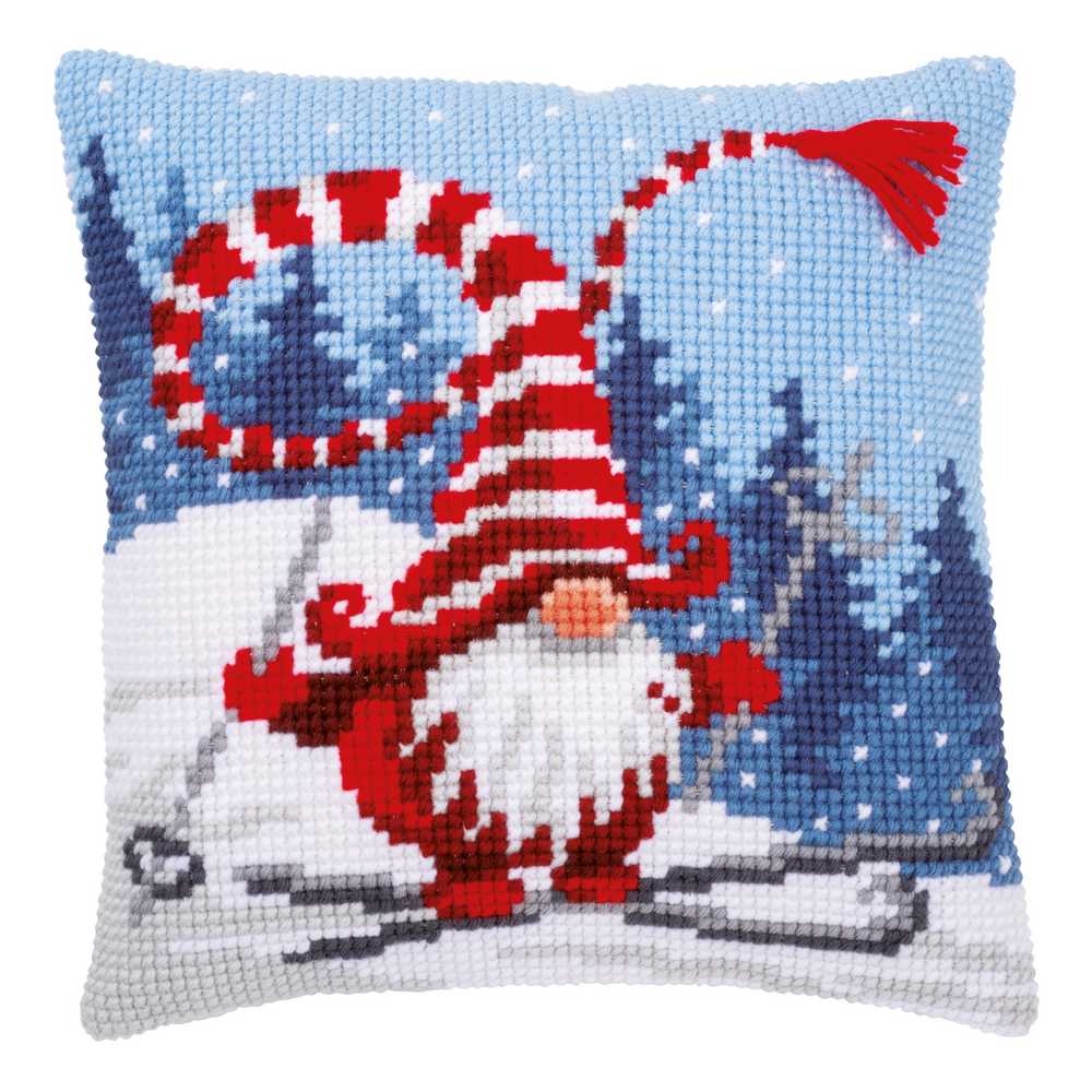 Vervaco Cross Stitch Kit - Christmas Gnome 2 Skiiing Cushion Kit