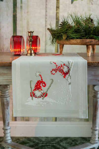 Vervaco Cross Stitch Table Runner Kit - Christmas Gnomes Skiing