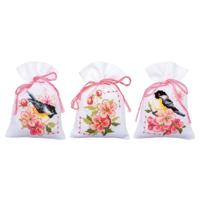 Vervaco Cross Stitch Kit - Set 3 Birds and Blossoms Pot Pourri Bags