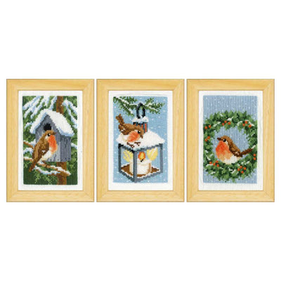 Vervaco Cross Stitch Kit - Set 3 Minatures Robins in Winter