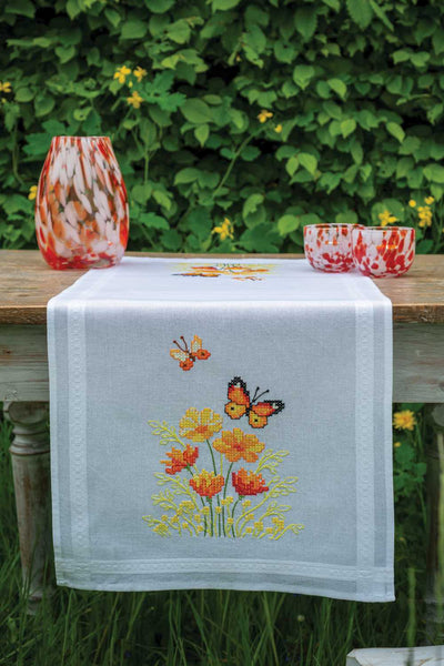 Vervaco Embroidery Table Runner Kit - Orange Flowers and Butterflies