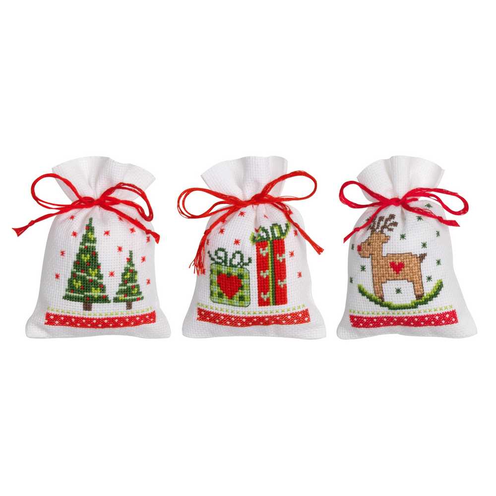 Counted Cross Stitch Kit: Draw String Gift Bags: Christmas Motifs