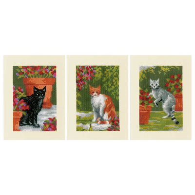 Vervaco Cross Stitch Kit - Set 3 Cats Between Flowers Greetings Cards