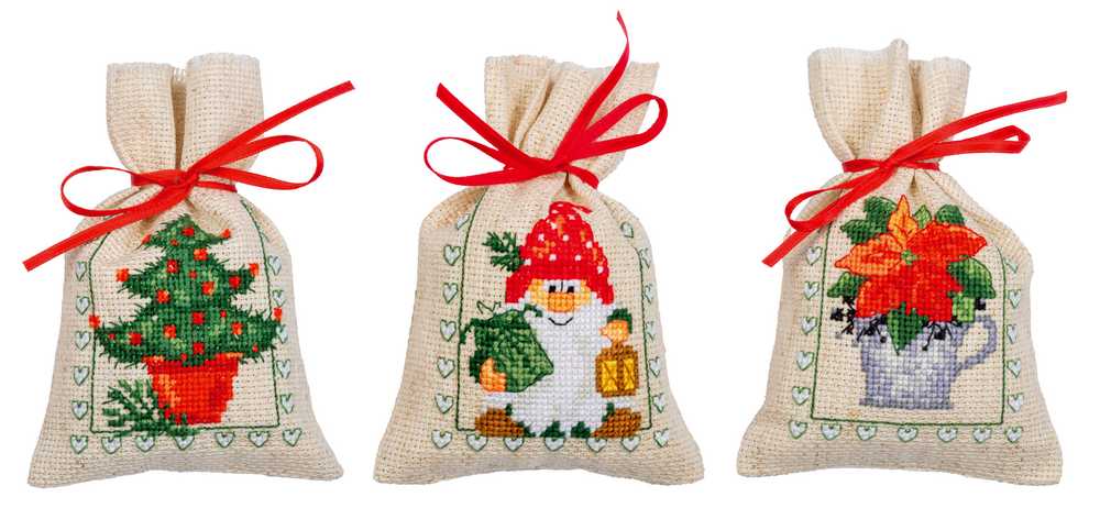 Set 3 Xmas Gift Bags Cross Stitch Kit - Vervaco PN-0194764