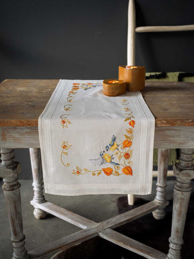 Chickadees with Cape Gooseberry Table Runner Embroidery Kit - Vervaco
