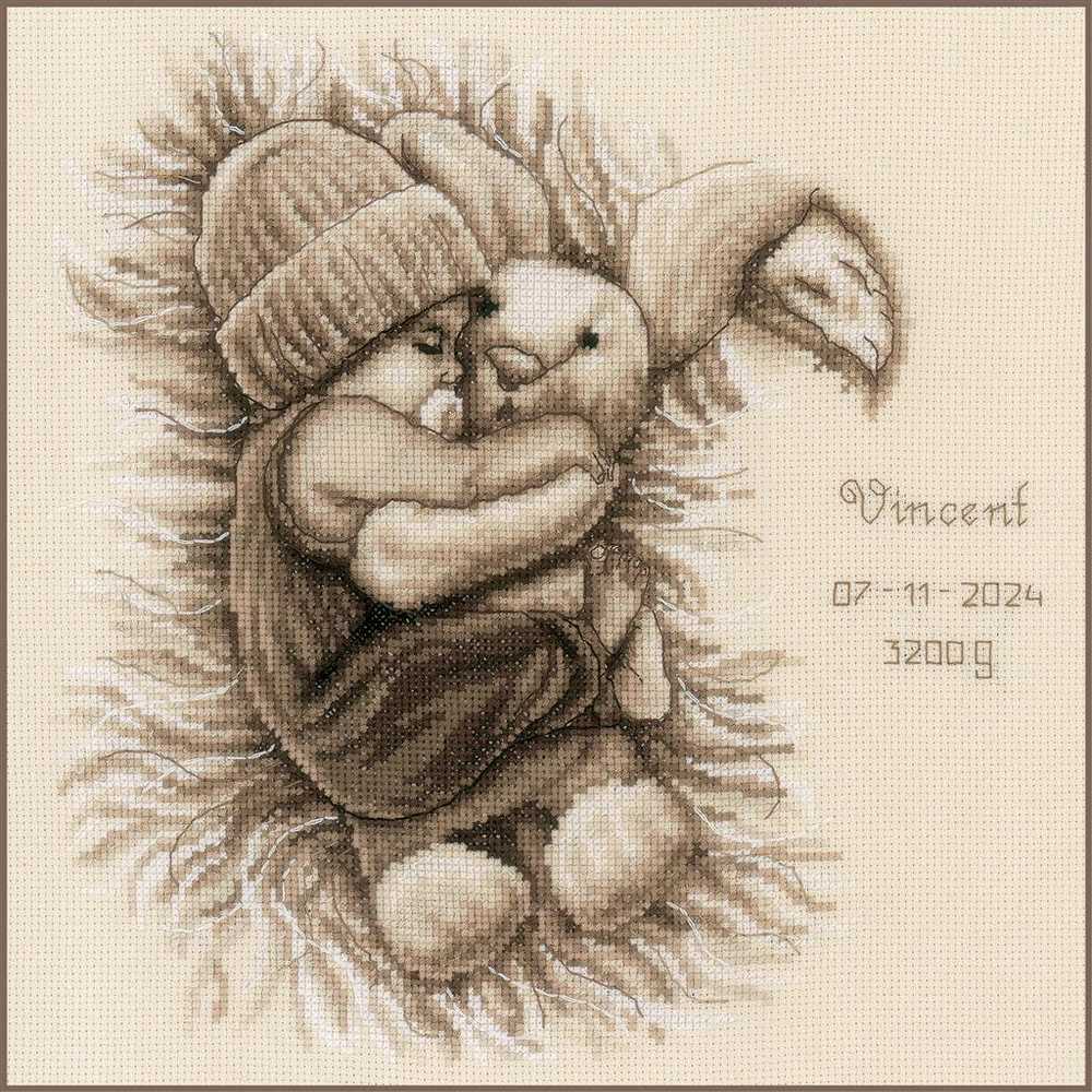 Vervaco Cross Stitch Kit - Baby with Cuddly Rabbit Birth Sampler