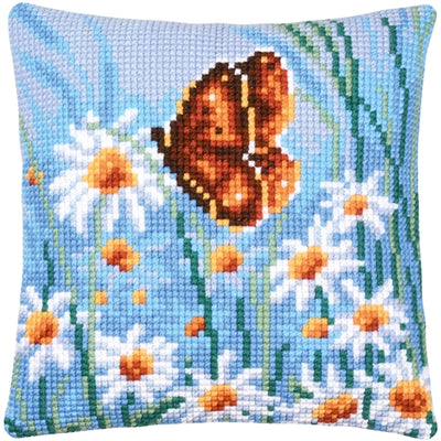 Butterfly and Flowers Blue Cushion Printed Cross Stitch Kit Vervaco