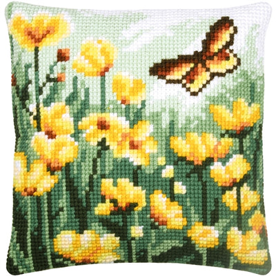 Butterfly and Flowers Green Cushion Printed Cross Stitch Kit Vervaco