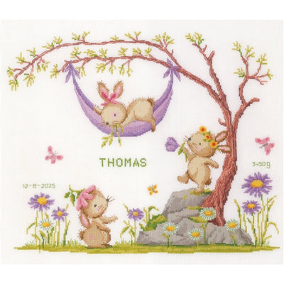 Garden Bunnies Birth Sampler Cross Stitch Kit Vervaco