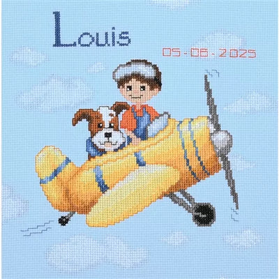 Yellow Airplane Birth Sampler Cross Stitch Kit Vervaco