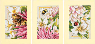 Pink Silk Dahlia Set 3 Cards Cross Stitch Kit ~ Lanarte