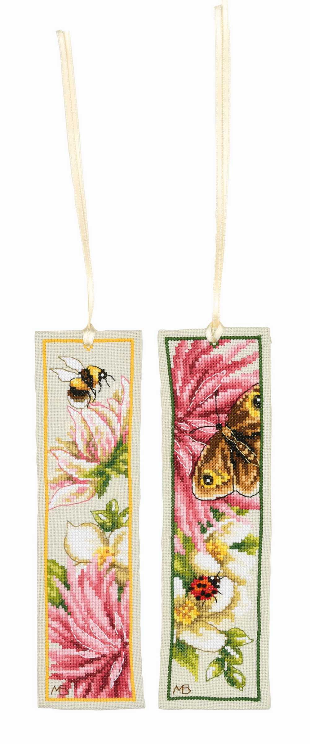 Pink Silk Dahlia Set 2 Bookmarks Cross Stitch Kit ~ Lanarte