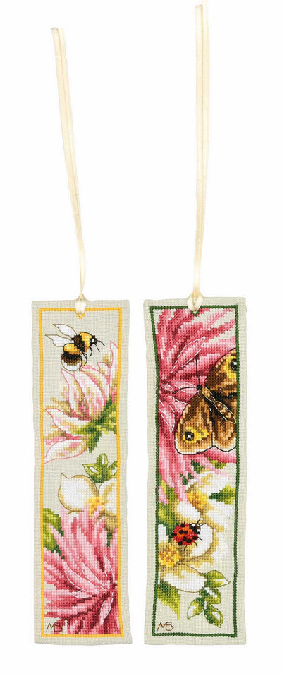 Pink Silk Dahlia Set 2 Bookmarks Cross Stitch Kit ~ Lanarte