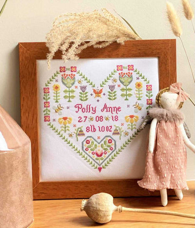 Scandi Heart Birth Sampler Cross Stitch Kit Historical Sampler Co