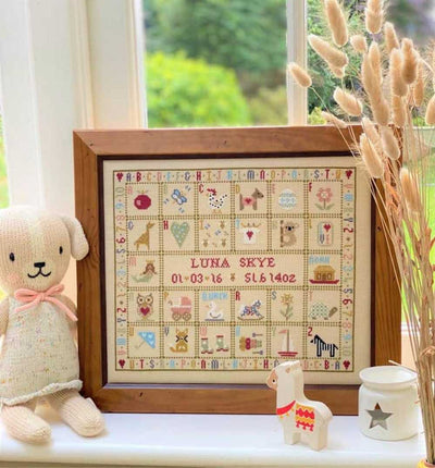 T is for Tortoise Birth Sampler Cross Stitch Kit Historical Sampler Co