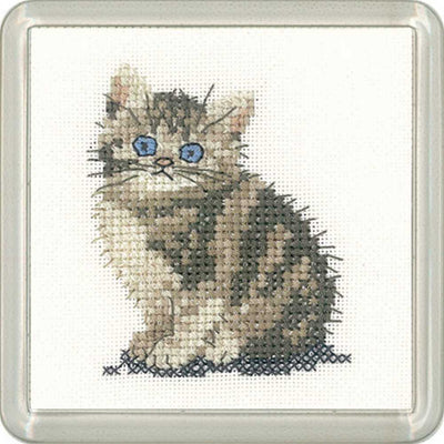 Tabby COASTER Kitten Cross Stitch COASTER Kit Heritage Crafts