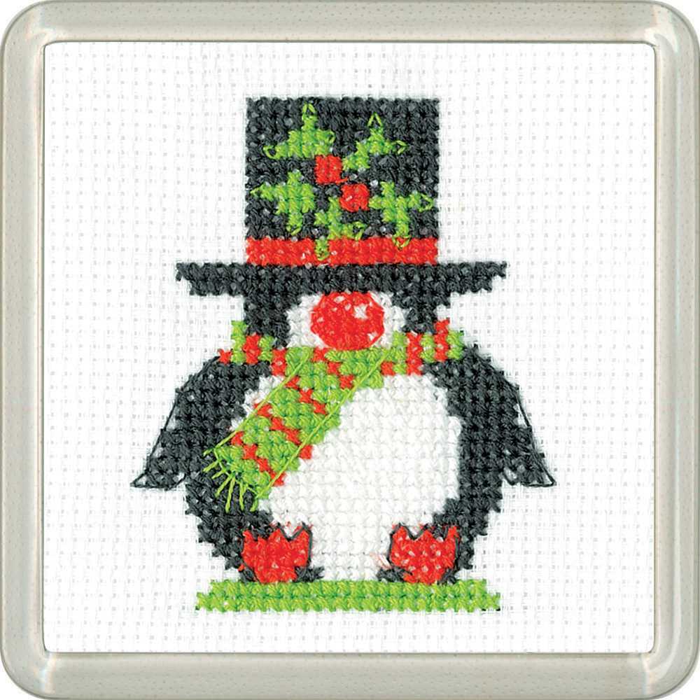 Christmas Top Hat Penguin COASTER Cross Stitch Kit - Heritage Crafts