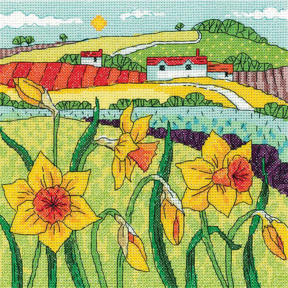 Daffodil Landscape Cross Stitch Kit Heritage Crafts (Evenweave)
