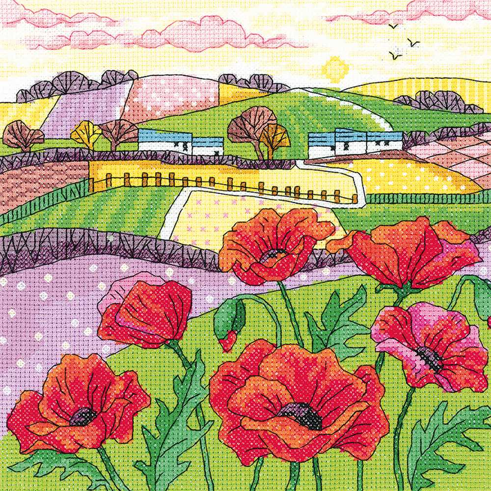Poppy Landscape Cross Stitch Kit Heritage Crafts (Evenweave)