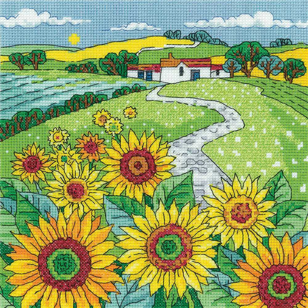 Sunflower Landscape Cross Stitch Kit Heritage Crafts (Evenweave)