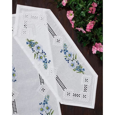 Blue Floral Table Runner Hardanger Embroidery Kit ~ Permin