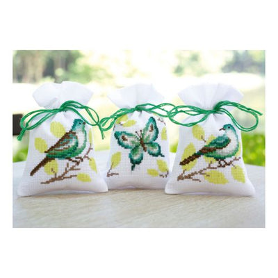Vervaco Cross Stitch Pot Pourri Bags - Set 3 Green Birds SALE
