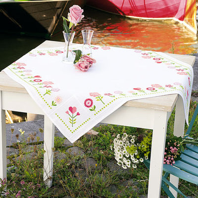 Pink Flowers Tablecloth Cross Stitch Kit Vervaco SALE