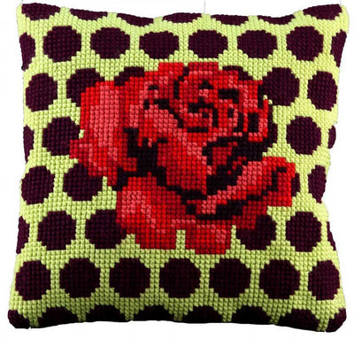 Pako Red Rose on Black Dots Cross Stitch Cushion Kit
