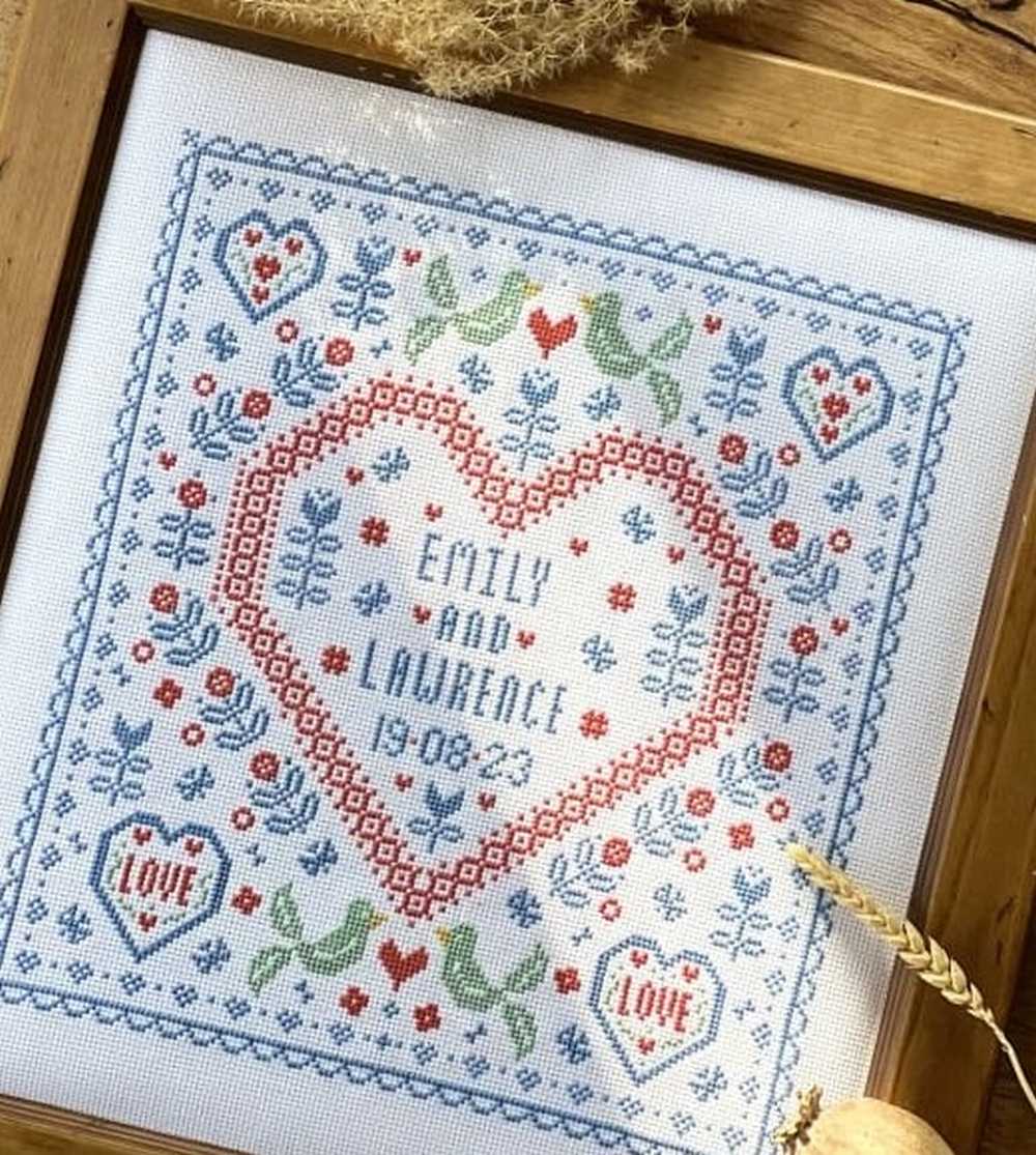 Blue Folk Wedding Sampler Counted Cross Stitch Kit Historical Sampler Co