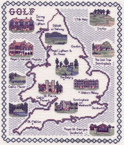 Golf In England & Wales Map Cross Stitch Kit - Classic Embroidery