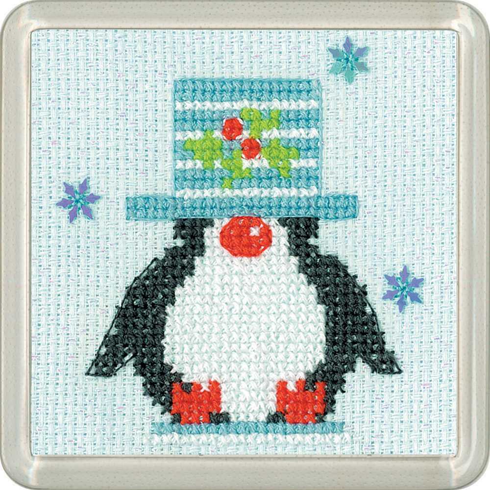 Frosted Penguin Top Hat Cross Stitch Coaster Kit Heritage Crafts