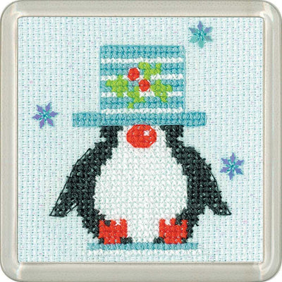 Frosted Penguin Top Hat Cross Stitch Coaster Kit Heritage Crafts