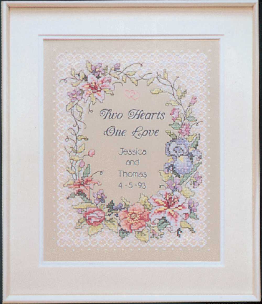 Two Hearts Printed Wedding Sampler Cross Stitch Kit - Dimensions
