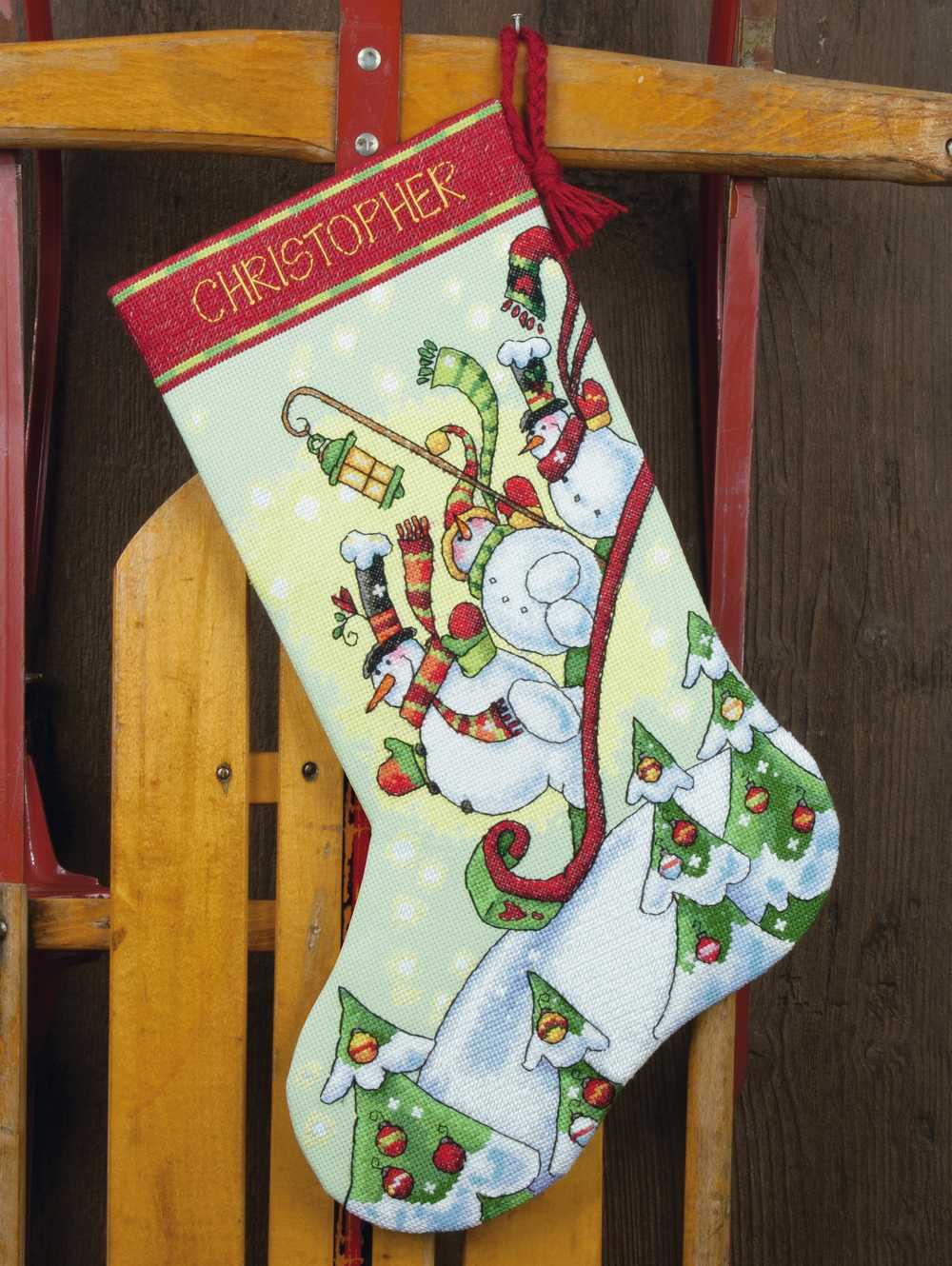 Sledding Snowmen Stocking Cross Stitch Kit - Dimensions