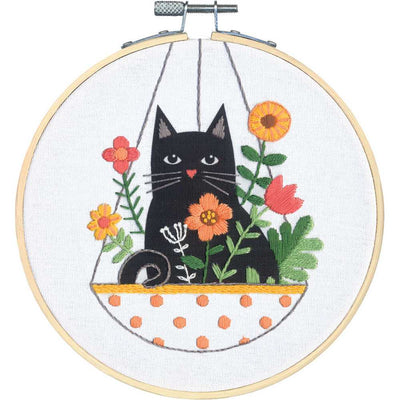 Cat Floral Basket Embroidery Kit with Hoop Dimensions