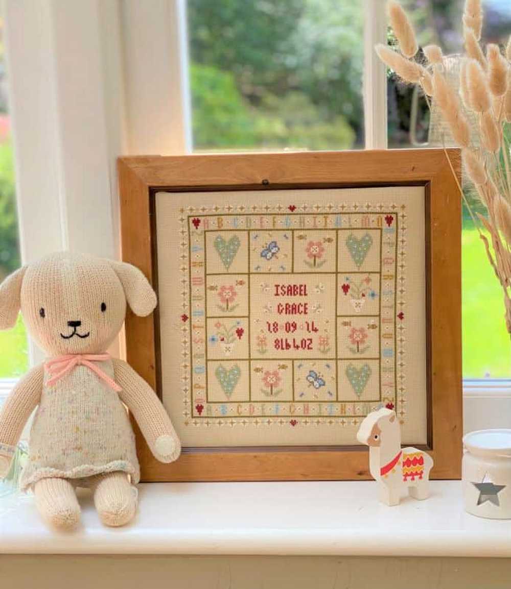 Four Hearts Birth Sampler Cross Stitch Kit Historical Sampler Co