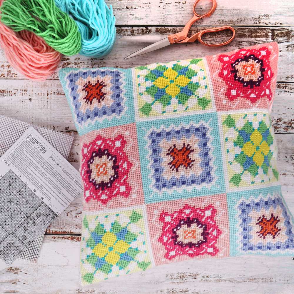 Crochet Granny Squares Printed Cushion Tapestry/Half Cross Stitch Kit ~ Trimits