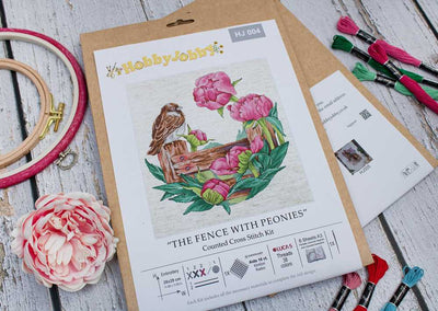 The Fence with Peonies Cross Stitch Kit ~ HobbyJobby