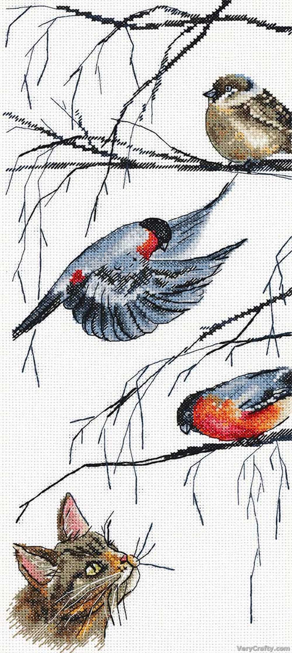 Birds & Curious Cat Cross Stitch Kit ~ PANNA