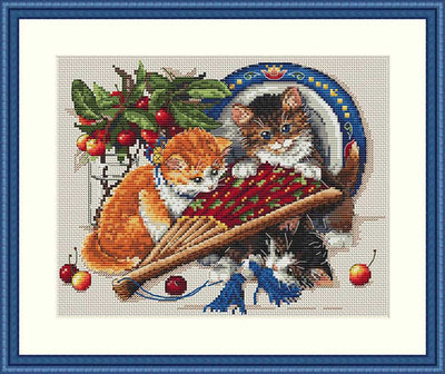 Kittens and Cherries Cross Stitch Kit ~ Merejka
