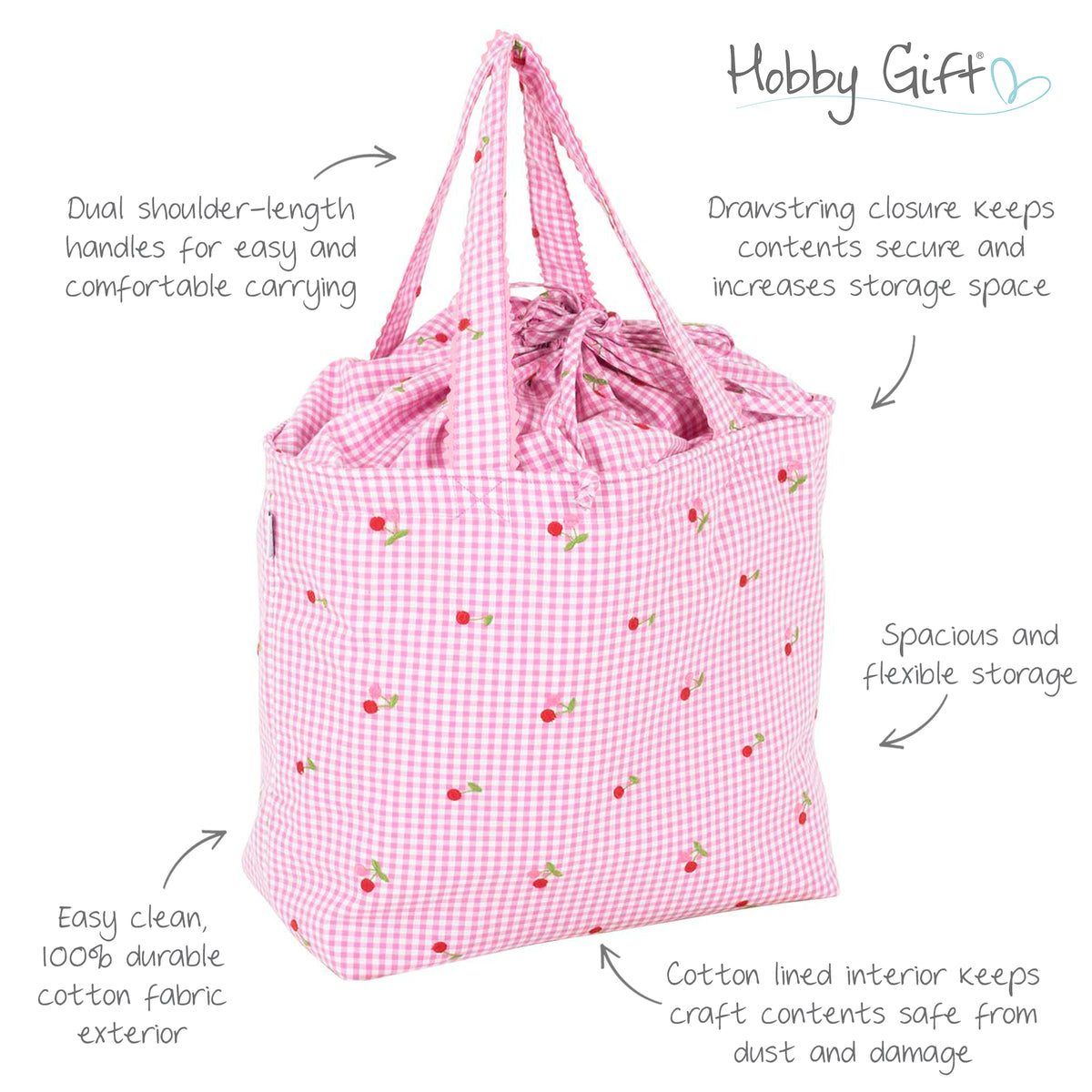 Embroidered Cherries Drawstring Craft Bag - Hobby Gift