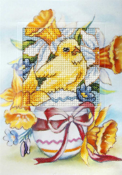 Orchidea Cross Stitch Kit- Greetings Card- Easter Chicken with Easter Egg and Daffodils  ~ ORC.6218